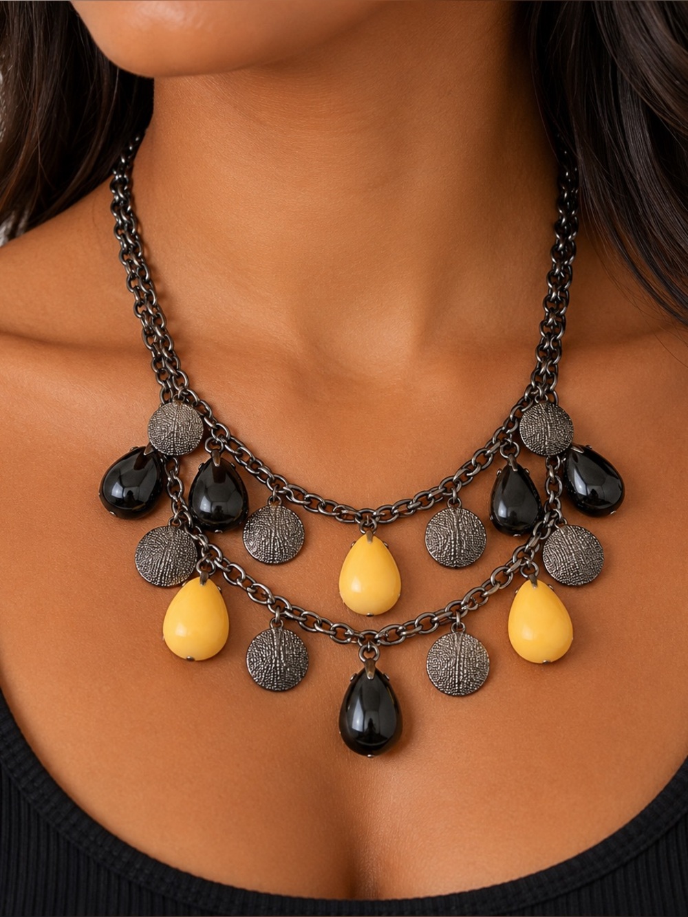 Black Yellow Gunmetal Chunky Bib Statement Necklace Layered Boho Teardrop